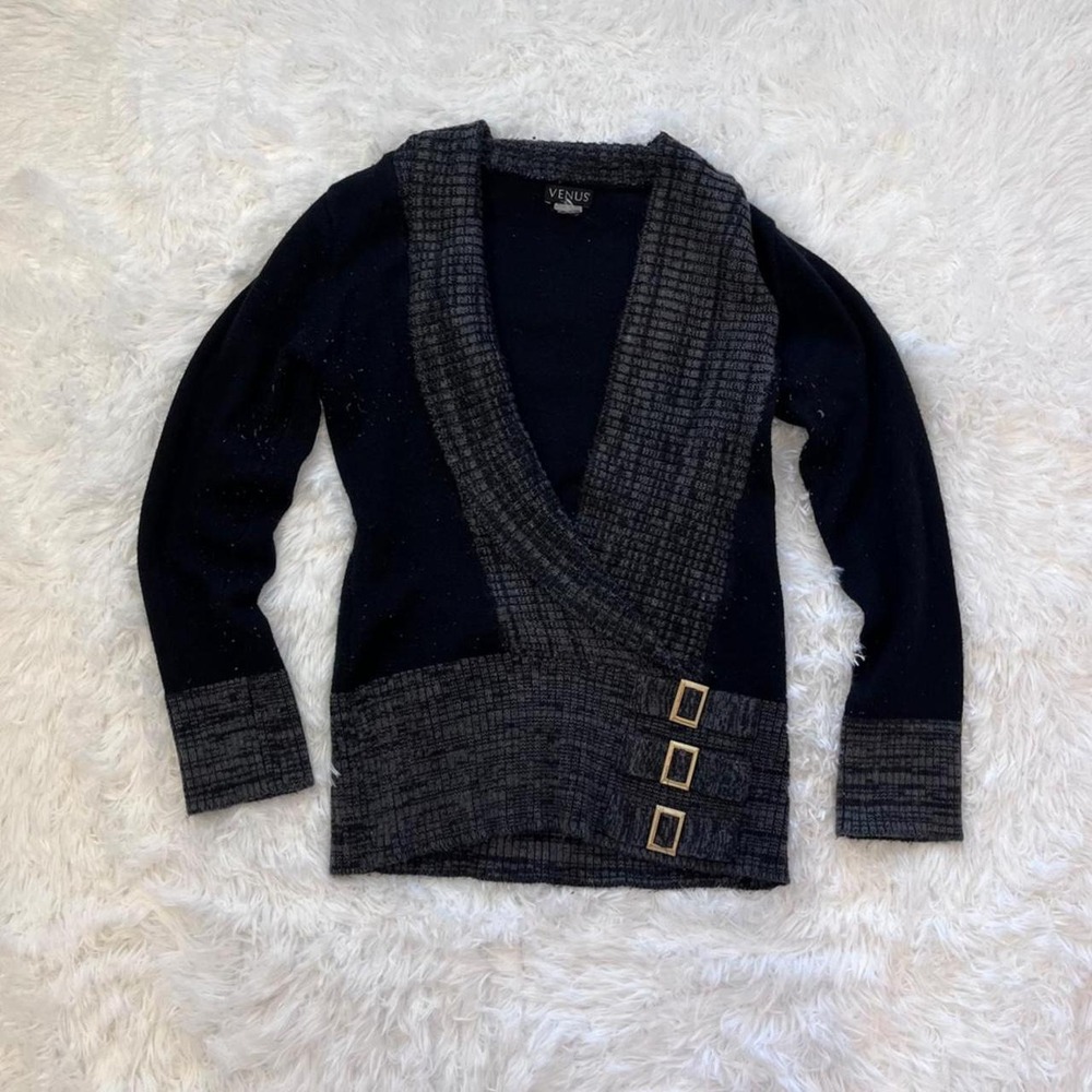Y2K Black Gray Wrap Buckle Knit Sweater Cardigan Medium